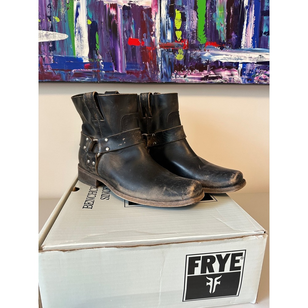 Frye Smith Harness Short Black Leather Ankle Boots | Size 10